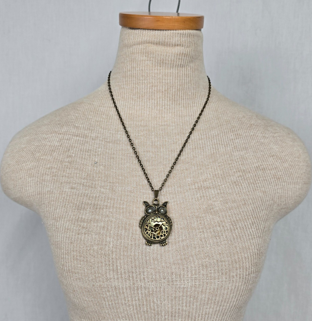 Czech Glass Pendant Necklace 19" Owl Clear & Bronze Clock Accent